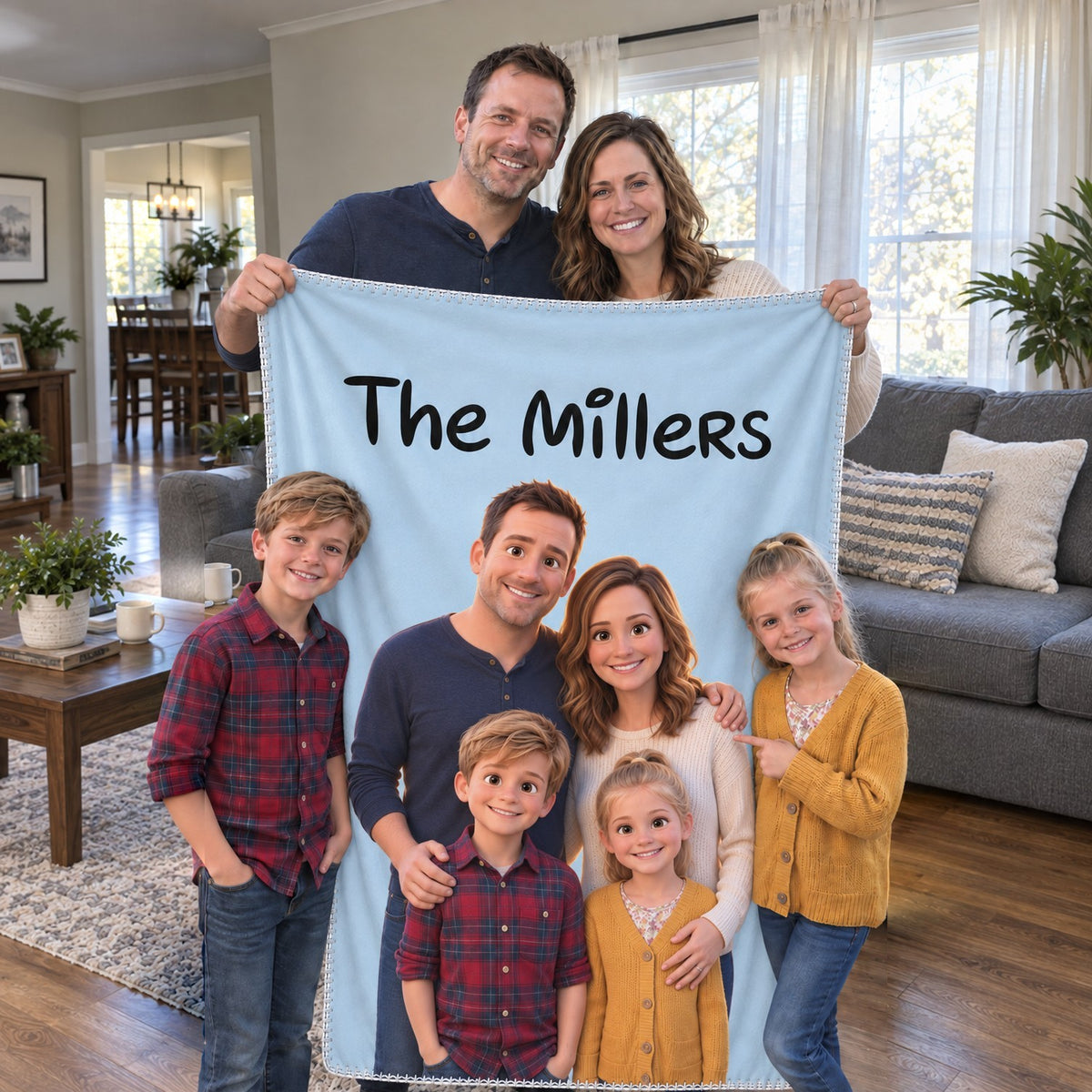 Parents holding up their personalized 3D family blanket that says The Millers, kids next to it