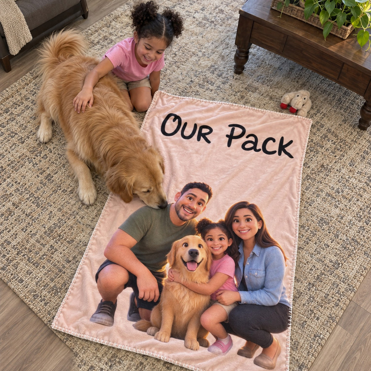 Golden retriever sniffing the personalized 3D family blanket that says Our Pack