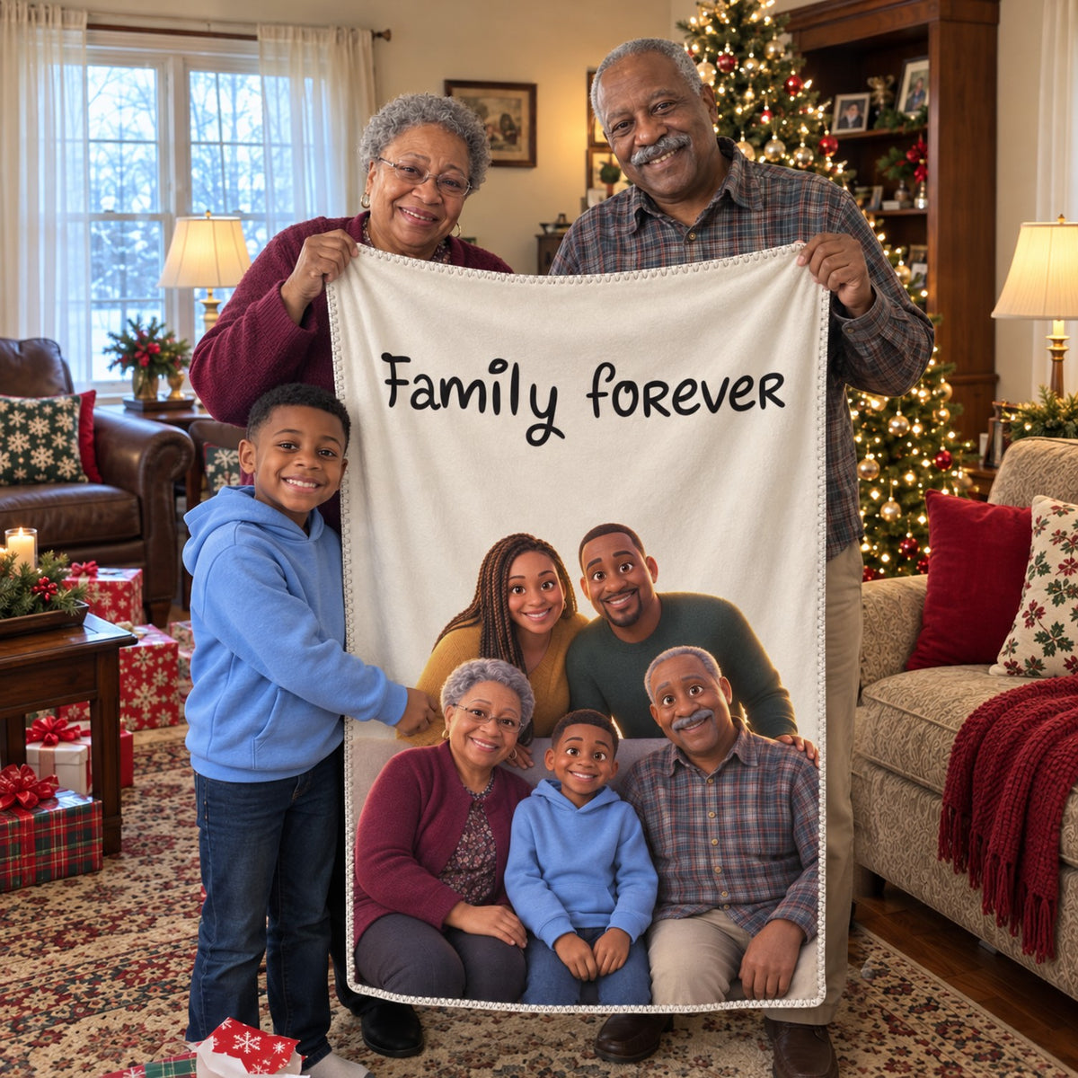Grandparents holding a personalized 3D family blanket that says Family forever at Christmas