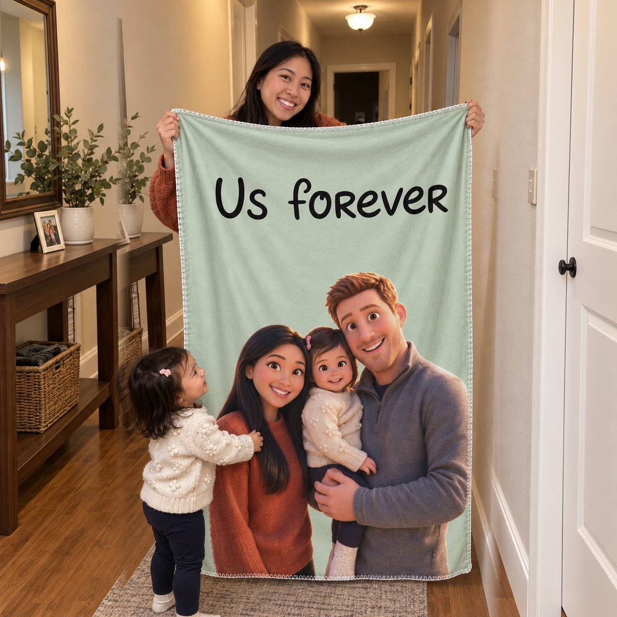 Mom holding a personalized 3D blanket that says Us forever, her toddler reaching for it