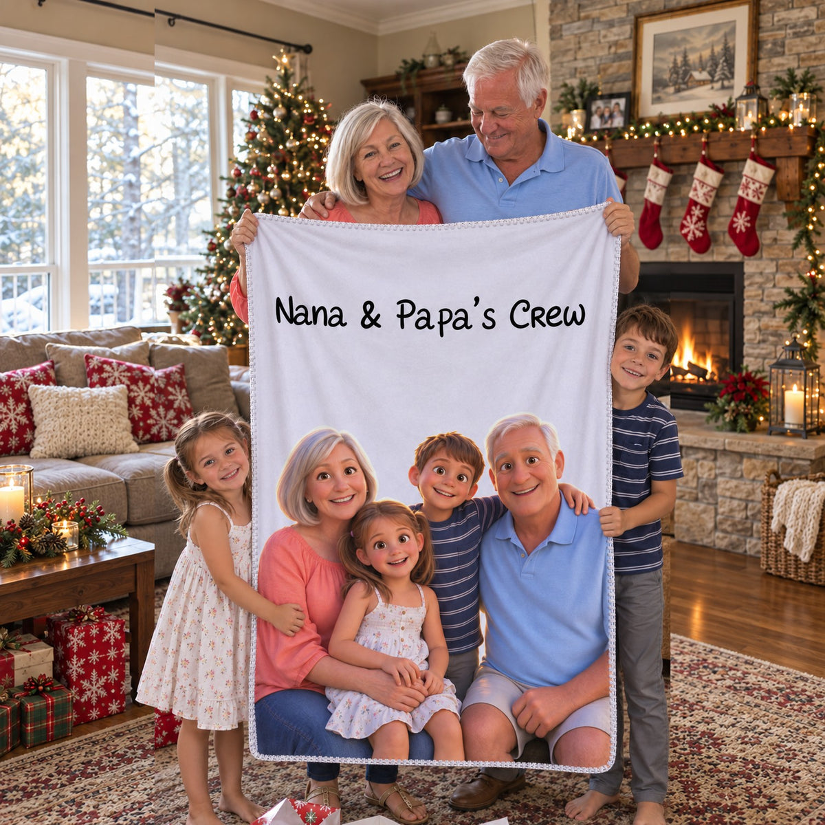 Grandparents holding a personalized 3D blanket that says Nana and Papa's Crew on Christmas morning, grandkids next to them